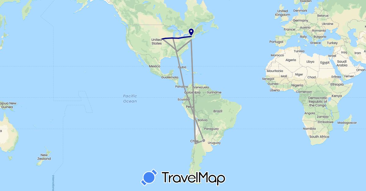 TravelMap itinerary: driving, plane in Argentina, Chile, Panama, United States (North America, South America)